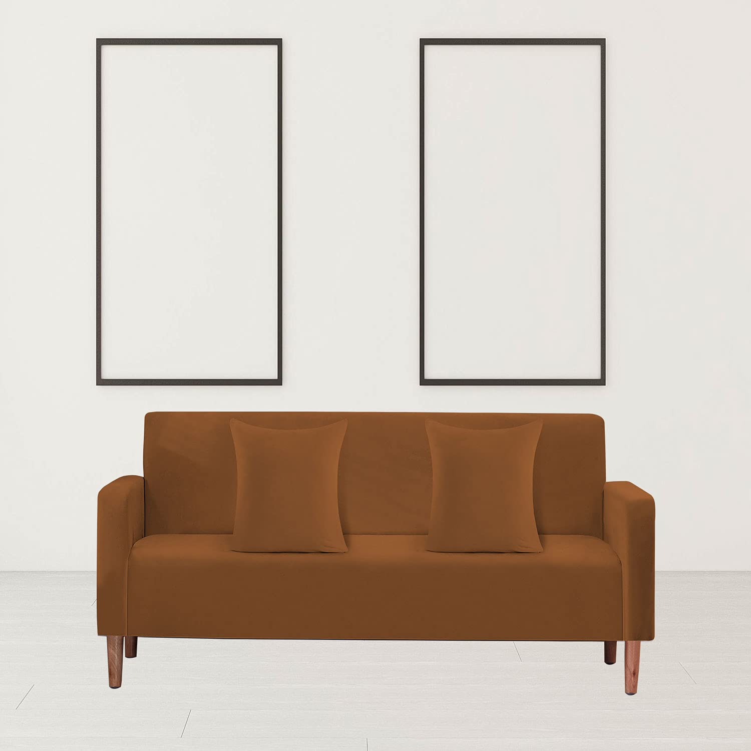 Trimming Shop 2 Seater Velvet Stretch Sofa Covers, 2 Matching Pillow Covers Set, Elastic Fabric Stretch Couch Slipcover Furniture Protector for Pets Non-Slip Sofa Cover for Living Room, Brown Tan