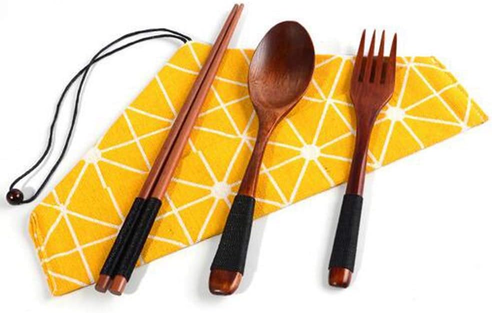 Wooden Flatware Set of 3-Piece Tableware with Pouch for Camping, Travel, Picnic,Office or Home (Fork, Spoon, Chopsticks), Yellow Geometry Pattern Linen Pouch