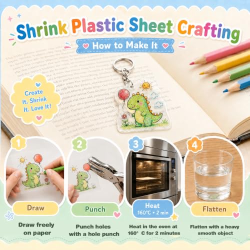 Lurkapes 171 Pieces A5 Plastic Magic Kit, Plastic Thermotractile Magic Paper, Punch, Keychains, Carabiners for Mobile and Small Open Metal Rings, Creative DIY Crafts