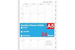 2026 Monthly Planner Refills, Two Pages Per Month,Jan 2026 to Dec 2026, A5 Size,5.8" x 8.25",6-Hole Punched,2026 planner inse