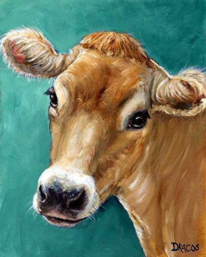 Jersey Cow Art Print, honey colored Jersey cow on teal background, dairy cow, Print of Original Painting by Dottie Dracos