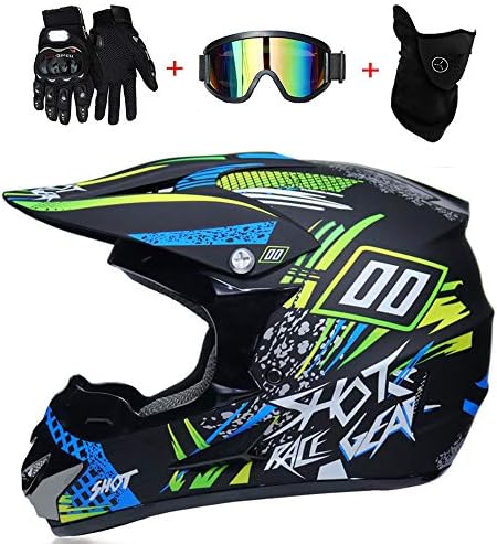 Adult Motorcycle Motocross Motorbike Helmets D.O.T Standard Children Quad Bike ATV Go Karting Helmet (Gloves, Goggles, mask, Set of 4) (S,M,L,XL),M