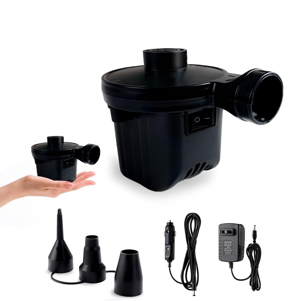 Photo 1 of Electric Air Pump,Portable Quick-Fill Air Pump, Air Mattress Pump with 3 Nozzles for Inflatable Boat, Air Mattress Beds,Swimming Ring.Compatible with Home and car Adapter by Inscool (110V AC/12V DC)