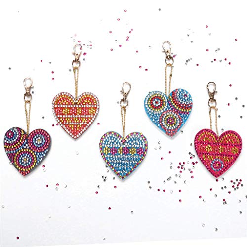 5D DIY Diamond Painting Keychain, 5 pcs Love Heart Shape, Mosaic Making Full Drill Special Shape Diamond Painting Kit for Bags, Smartphone Straps, 5 Pack