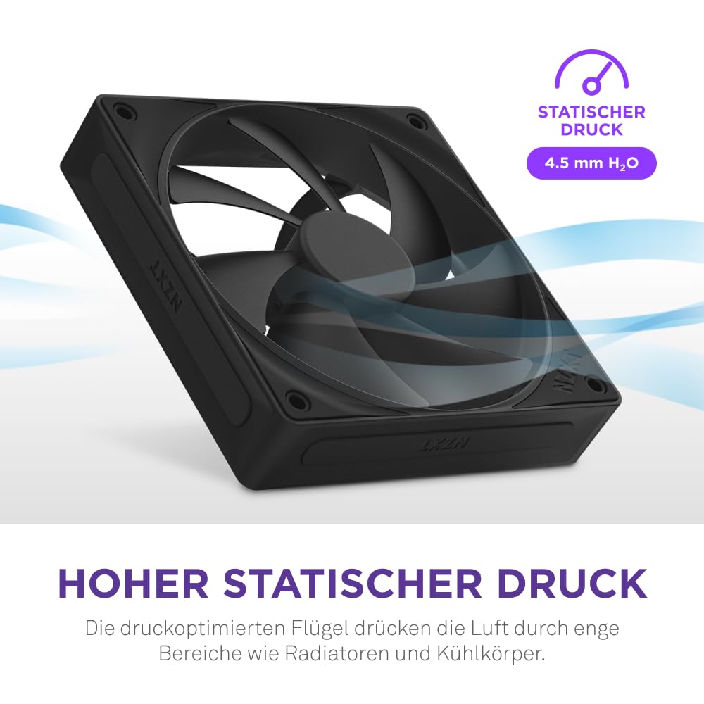 NZXT F120P | 120 mm Gehäusekühler mit statischem Druck | Ideal für Radiatoren und Kühlkörper | Hoher statischer Druck | Hinten abgeschrägter Einlass | Hydrodynamische Gleitlager | PWM | Schwarz 2