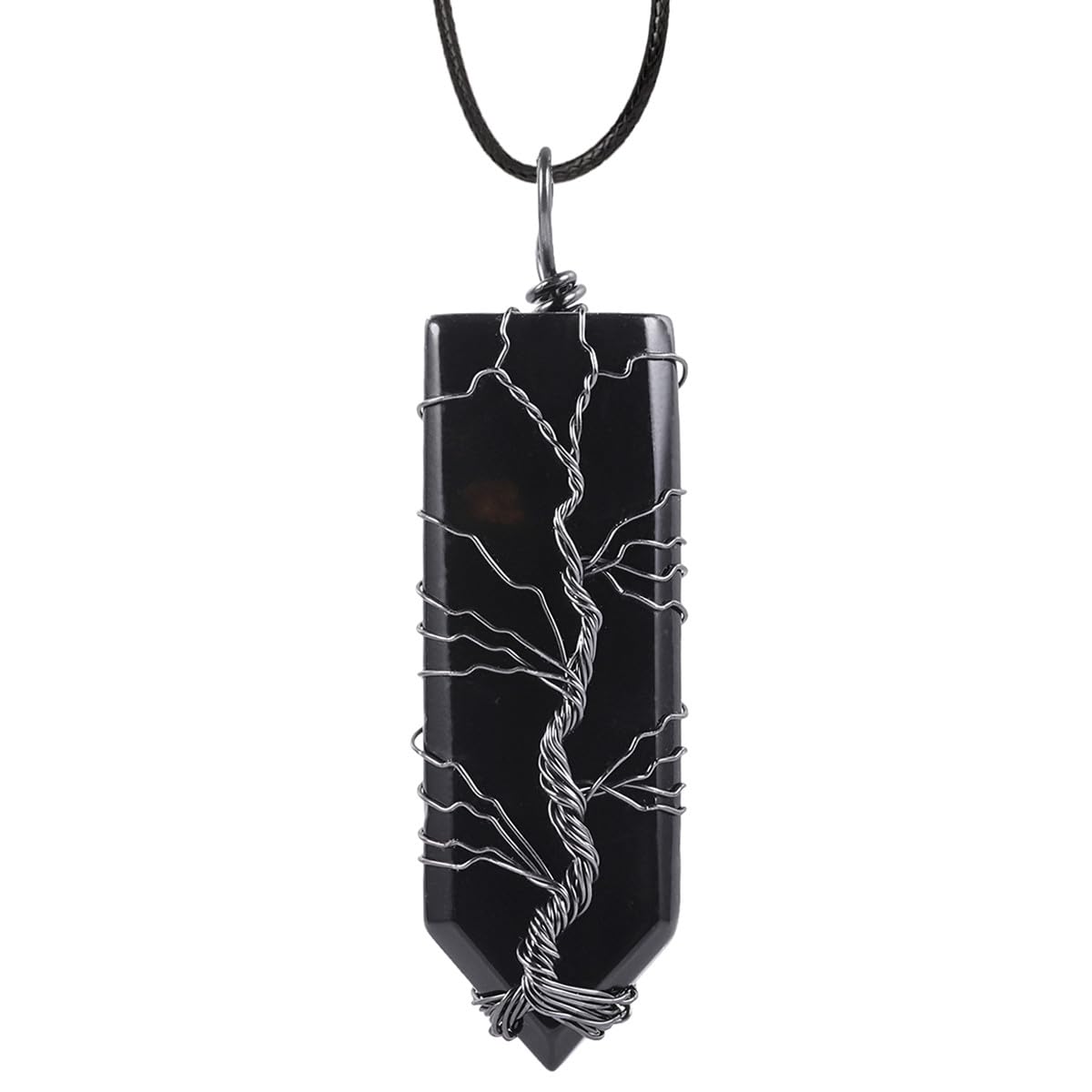Nupuyai Obsidian Tree of Life Crystal Point Pendant Necklace for Women Men, Wire Wrap Amulet Stone Pendant Jewelry