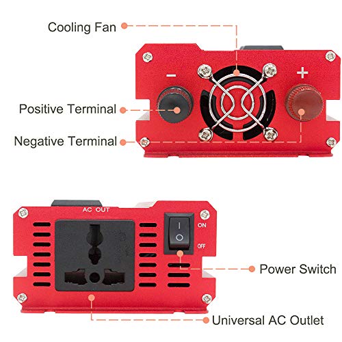 Cantonape 1000W/2000W(Surge) Car Power Inverter DC 12V to 110V AC with 4 Outlets, 4 USB Ports and Input/Output LED Display