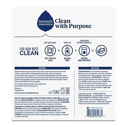 SEVENTH GENERATION DISHWASHER DETERGENT PACKS FOR SPARKLING DISHES FREE & CLEAR DISHWASHER TABS (72 COUNT)