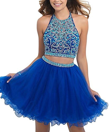 LucysProm Halter Homecoming Dresses Two Pieces Beaded Bodice Short Prom Dresses Dark Royal Blue Size 4