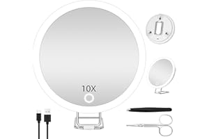 JADAZROR 10X Magnifying Mirror with Lights, Large 10x Makeup Magnifying Mirror, Lighted 10x Magnification Mirror with 360° Stand & Suction Cup, 6inch Travel Magnifying Mirror Portable 10x LED Magnifying Mirror