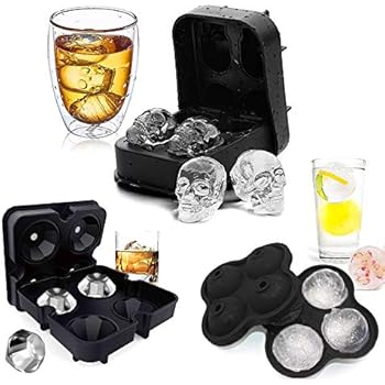 3 Pack Flexible Silicone Ice Cube Tray Ice Ball Maker for Whiskey 3D Diamond Ball Skull Ice Cube Mold Set for Whiskey Cocktails