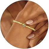 QILMILY Gold Bracelets for Women - 14K Gold Plated Dainty Elastic Birthstone Bracelets for Women Gold Jewelry Bead Bracelet Gifts Christmas Stuff for Teen Women Friendship Bracelet