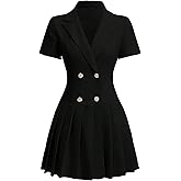 Nihsatin Women's Double Breasted Blazer Jacket Lapel Collar Short Sleeve Pleated Hem Blazer Dress