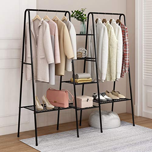 HOMERECOMMEND MetalÂ ClothesÂ RackÂ HeavyÂ DutyÂ Clothing RacksÂ Free StandingÂ GarmentÂ RackÂ withÂ 2 TopÂ RodsÂ andÂ 6 Wire ShelvesÂ forÂ CoatÂ Hangingï¼ˆBlack Colorï¼‰