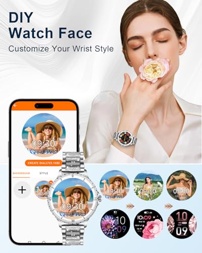 Reloj Inteligente Mujer con Llamadas, 1.27'' Smartwatch Mujer con Correa de Diamante, Compatible con Android/iOS, IP68 Impermeable Smart Watch Redondo con Monitor Sueño Pulsometro Sangre Presión Plata