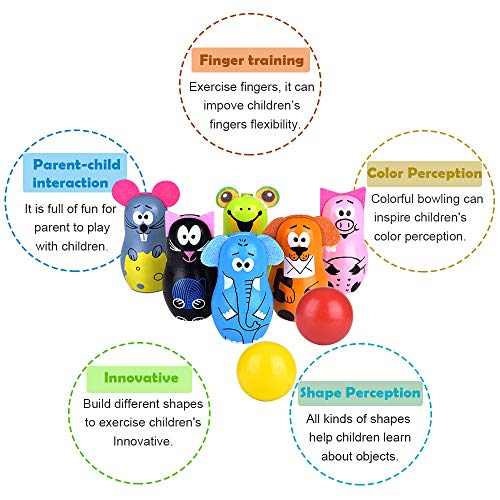 Portzon Bowling Set, Wooden Bowling with 6 Pins 2 Balls, Educational Indoor Outdoor Early Ages Preschool Development Games