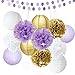 Bridal Shower Decorations 14pcs White Purple Gold Tissue Paper Pom Pom Paper Lanterns Circle Paper Garland Mixed Package for Purple Themed Party Wedding Party Decorations Purple Baby Shower Decoration