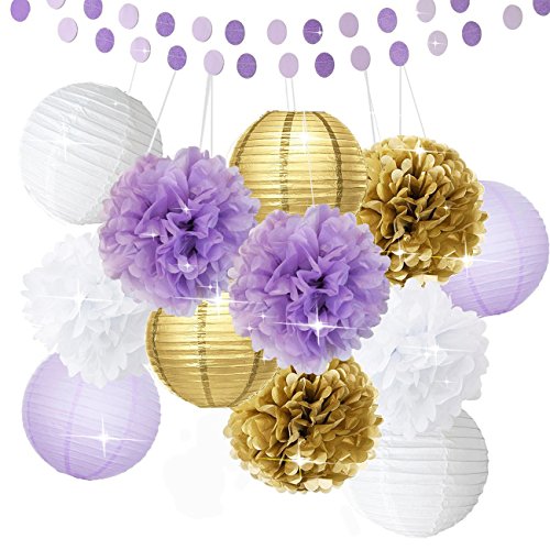 Bridal Shower Decorations 14pcs White Purple Gold Tissue Paper Pom