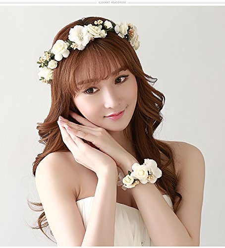 PHEZEN Bohemia Hair Bands Flower Crown Wreath Headbands Wrist Band Set Floral Garland Halo with Adjustable Ribbon for Maternity Photos, Newborn Shoot Wedding Beach Festival (Pink) - Thumbnail 2