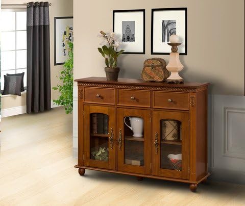 Pilaster Designs - Wood Console Sideboard Buffet Table With Storage And Glass Doors - Walnut Finish