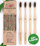 Himalayan Blue Bamboo Natural Biodegradable Charcoal Toothbrush Pack of 4 - Zero Waste Travel Refill - Eco-Friendly - Teeth Whitening Soft Medium but Firm Black Bristles - Bonus Gift E-book
