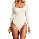 GXIN Bodysuits for Women Sexy Long Sleeve Square Neck Ribbed Fitted Body Suits for Womens