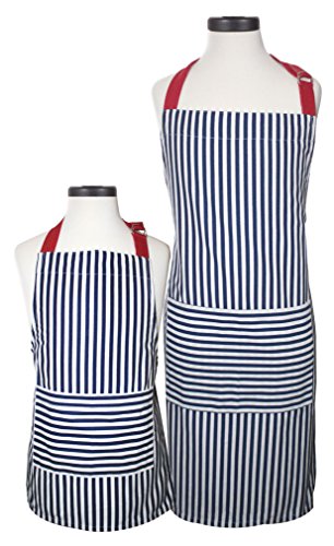 Handstand Kitchen Adult and Child 100% Cotton Bold Print Apron Set - Bold Navy Stripe