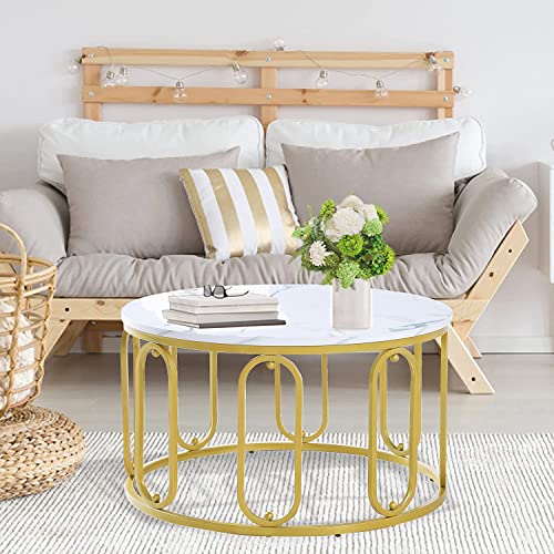 TOLLIEUR Modern Round Coffee Table with Faux Marble and Gold Legs