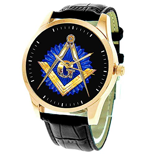 SYMBOLIC VINTAGE FREEMASONRY LOGO ART MASONIC COLLECTIBLE SOLID BRASS WRIST WATCH. GOLDEN BRASS & SAPPHIRE BLUE