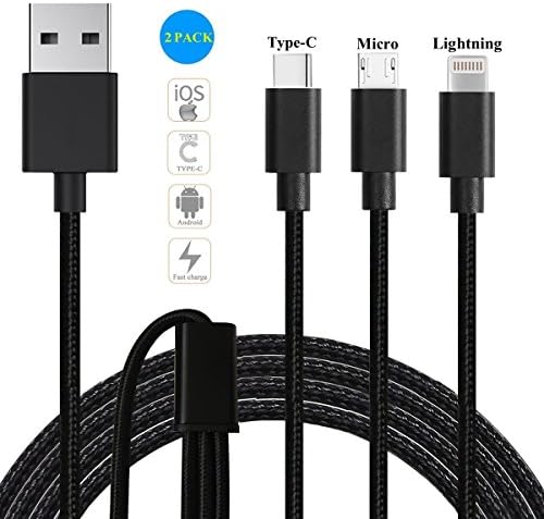 2 Pack Apple iPhone Lightning Charging Cable,USB Type C Cable,Micro Usb Charging Cable,3 in 1 Nylon Braided Fast Charging Cable for iPhone/Samsung/Huawei/HTC/LG/SONY and Most Android Phones - Black