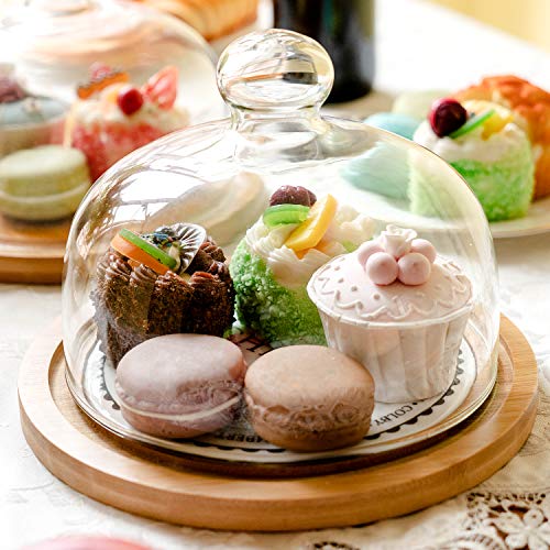 Wood Cake Stand with Dome Glass Cheese Pastry Dome Plate Bamboo Tray Dessert Stand Server Serving Platter Use as Salad Punch Bowl/Veggie Desert Platter Ø 21x16cm