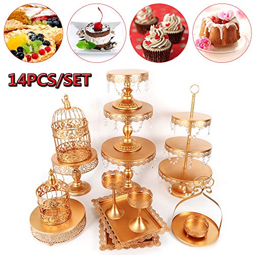 Cupcake Stands, 14 Set Metal Crystal Cake Holder Cupcake Stand Cake Dessert Holder with Pendants and Beads,Wedding Birthday Dessert Cupcake Pedestal Display, Gold USA STOCK (14, Gold)