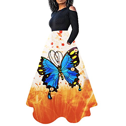Novia's Choice Women African Floral Print Pleated High Waist Maxi Skirt Casual A Line Skirt(Blue Butterfly M) - Thumbnail 2