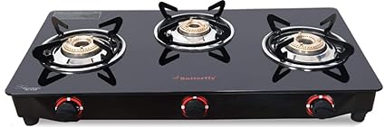 Butterfly Smart Glass 3 Burner Gas Stove, Black