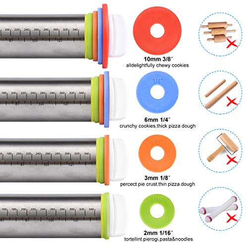 Rolling Pin,Roller for Baking with Silicon Baking Pastry Mat and Adjustable Tickness Rings, Non-Stick Mat with Measurements,Stainless Steel Rolling Pin 17 Inches for Pasta, Cookies, Pie, Pizza Dough