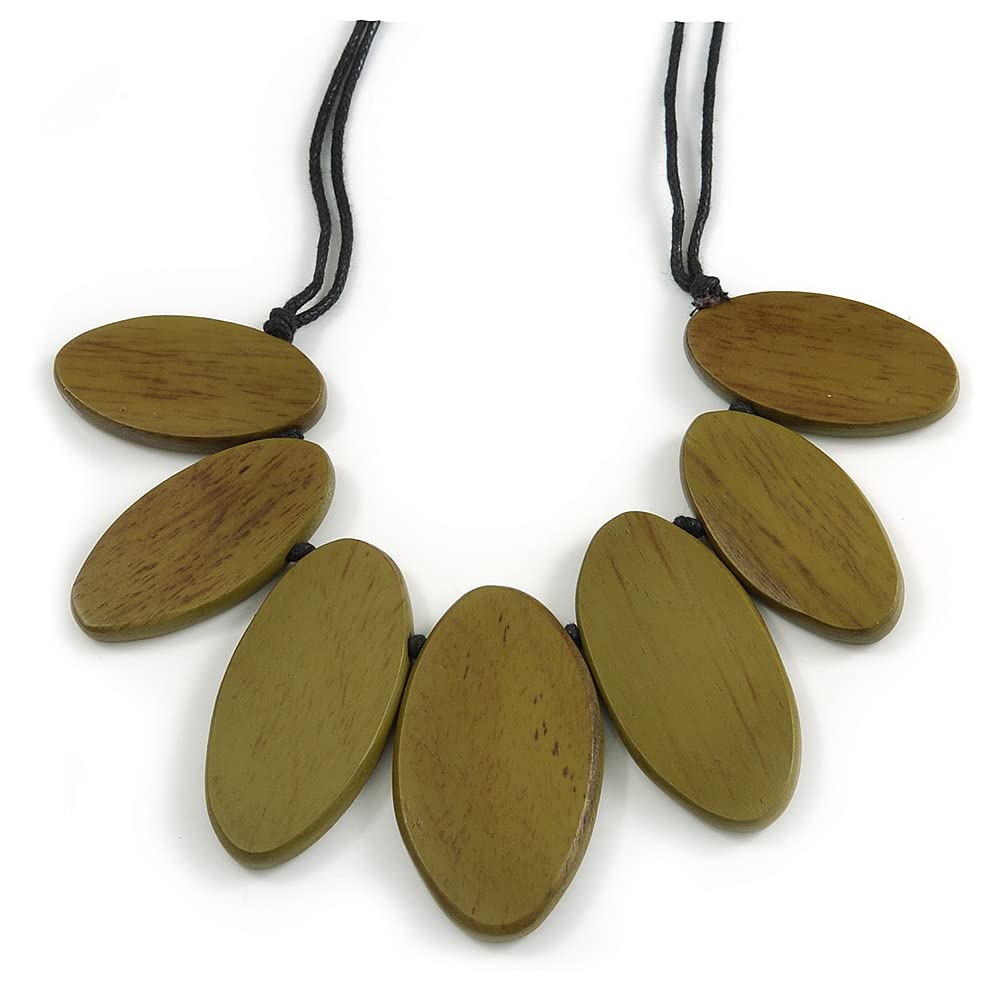 Avalaya Leaf Painted Olive Green Wood Bead Cotton Cord Necklace/70cm Max Length/Adjustable