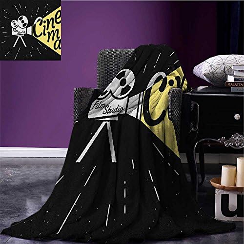 Movie Theater Throw Blanket Movie Projector Sketch with Grunge Cinema Lettering on Black Backdrop Miracle Blanket Yellow Black White Size:51"x31.5"