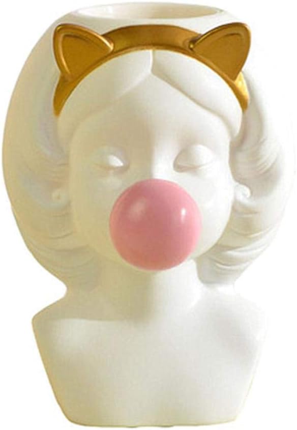 FGHHJ Ornaments Statues Decorations Creat Resin Vase Blowing Bubbles Girl No Hole At The Bottom Hydroponic Pot Lovely Living Room Dining Table Office Potted White Cat