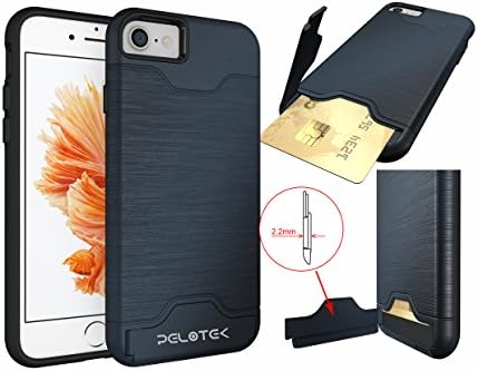 iPhone 7 plus blue case, Pelotek drop protective high impact dual layer Credit / ID card slot with durable Kickstand brushed metal pattern dark blue tough armor case (card dark blue i7 plus)