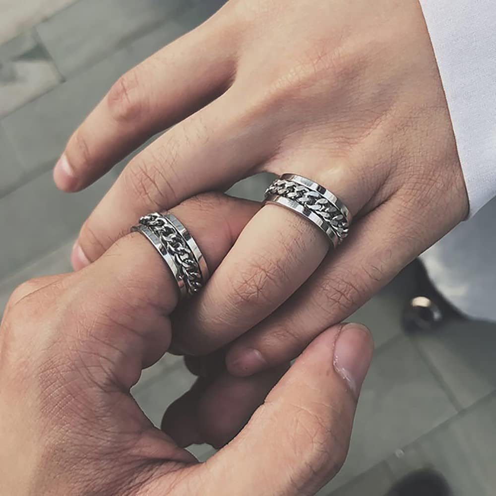 WFYOU 8Pcs Stainless Steel Fidget Rings for Women Men Anxiety Rings Moon Star Matching Rings Cuban Link Chain Ring Flower Cat Spinner Band Rings Set: Jewelry