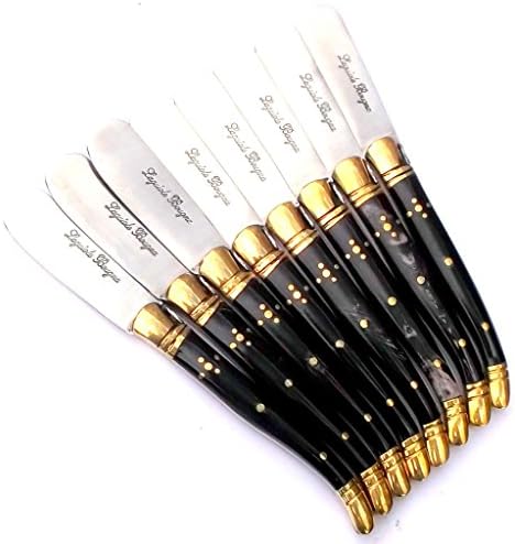 6312 . 8 x 14cm butter knife corne noir (Black horn bone) Laguiole Bougna France.Forged hand finished inlaid filigree spine handles,brass bolster. individually made using natural materials, no two sets will be the same