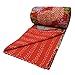 Handicrunch Red Kantha Stitch Decorative Gudri Floral Print Twin Size Quilt Bed Spread 90 X 68