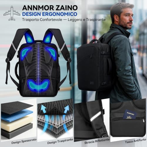 ANNMOR Travel Backpack, 24L Cabin Backpack 40x30x20 Ryanair Compliant, Expandable up to 30L for 15.6" Laptop and USB Port, Ideal for Short Trips and Weekends - Black