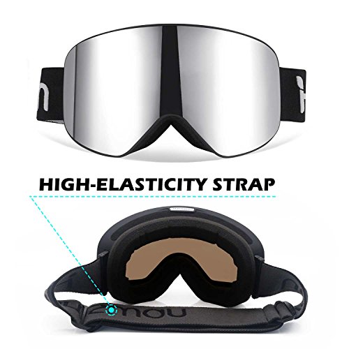 HAMSWAN Ski Snowboard Snow Goggles Anti-fog OTG UV400 Protection Detachable Double Lens for Winter Outdoor Sports (Silver-Plating)