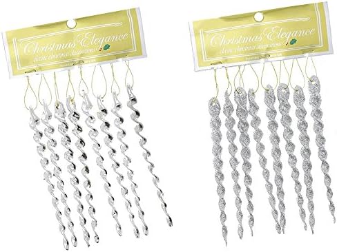 Decorative Holiday Christmas Glitter &amp; Metallic Shatterproof Spiral Icicle Ornaments, Silver, 2 Pack, 5"
