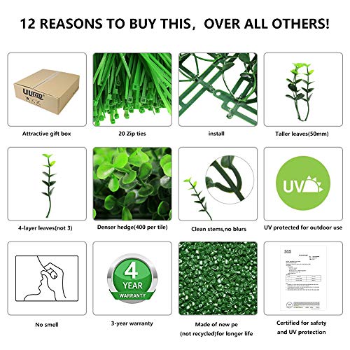 Artificial Hedge Boxwood Panels Privacy Fence 20"x20"(12 pack) - Realistic Thick - UV Protected - Easy to Install – with 80 Cable Ties - Ideal for Outdoor or Indoor, Garden or Backyard Home Decoration