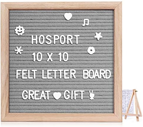 Felt Letter Board 10x10 Inches HOSPORT Changeable Letter Board Include 376 Pre-Cut White Letters & Emoji and Organization Box Wooden Message Board with Stand Gray