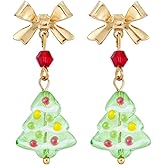 Christmas Tree Drop Dangle Earrings for Women Cute Gemstone Bow Knot Ribbon Earrings Xmas Holiday Costume Accessory New Year Party Jewelry
