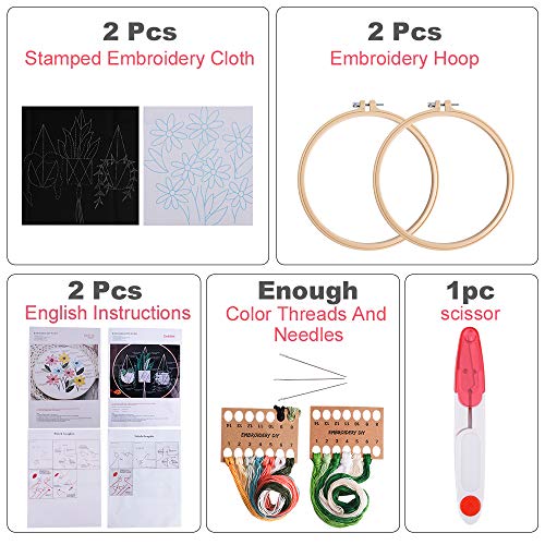 Embroidery Kit with Pattern, 2 Sets Embroidery Starter Kit with Instructions, Including Embroidery Clothes with Floral Pattern, Embroidery Hoop, Color Threads and Tools
