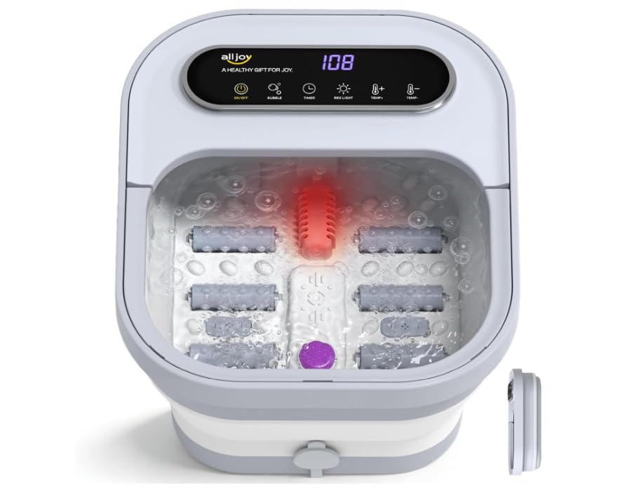 ALLJOY Bain de Pieds Massant Chauffant Pliable, Spa pour Pied avec Bulles, 24 Niveaux de Chauffage (35-48°C), Rouleaux, Infrarouge et Pierre Ponce, Thalasso Pieds pour Soulagement et Détente